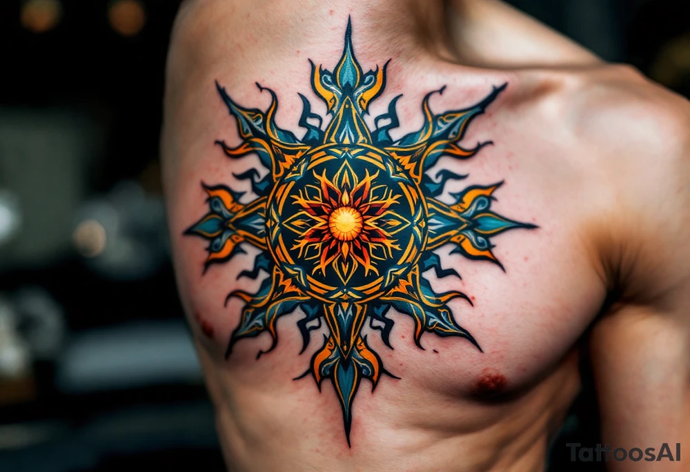 A vibrant Celtic sun tattoo in teal and gold symbolizes harmony and light at the center of the chest. tattoo idea