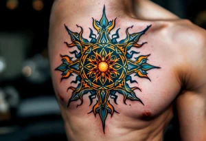 A vibrant Celtic sun tattoo in teal and gold symbolizes harmony and light at the center of the chest. tattoo idea