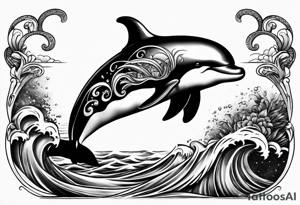 delfin emanando de una ola del mar tattoo idea