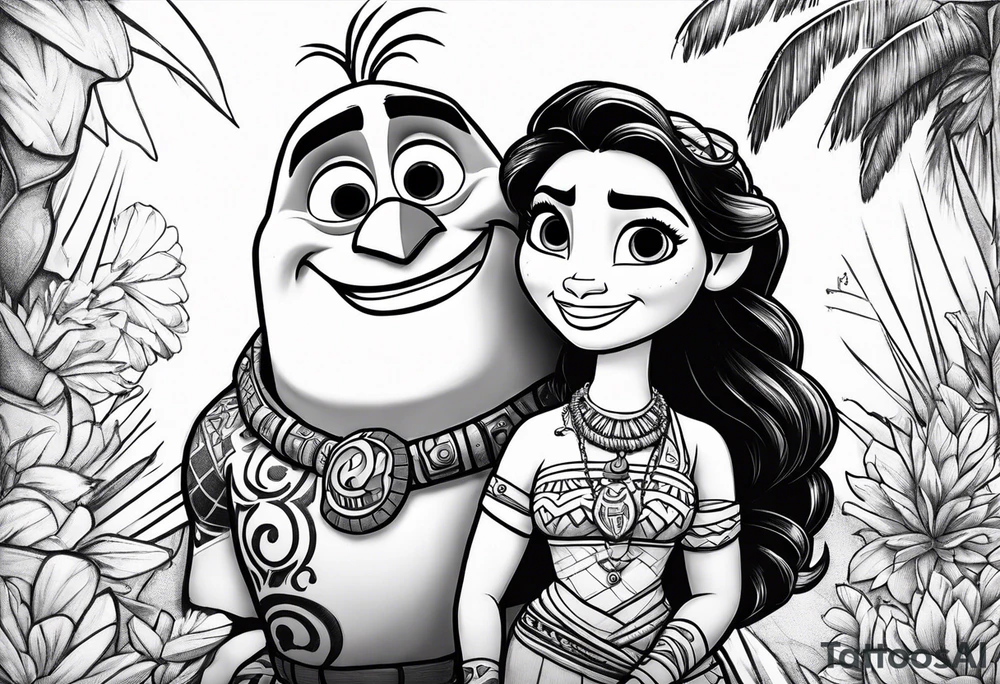 olaf hanging out with maui from moana tattoo idea