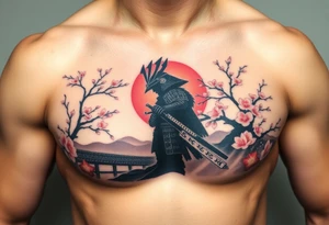 noble samurai warrior silhouette at sunset with cherry blossoms tattoo idea