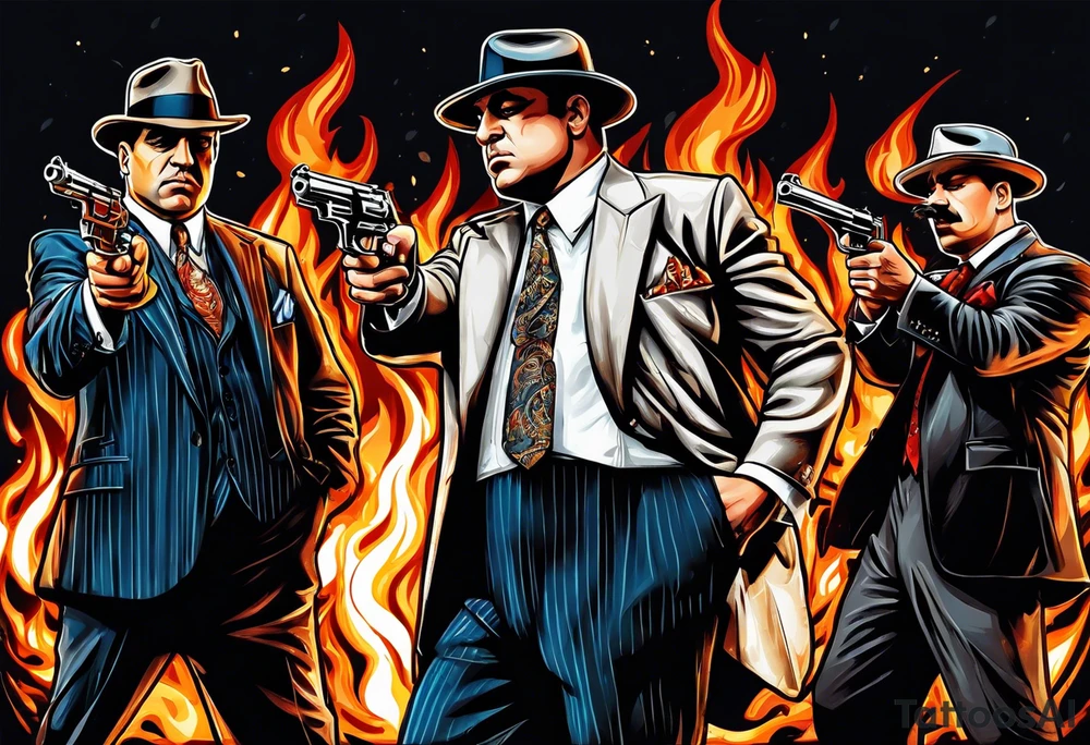 capone style gangsters having a shootout against a dark background scene with flames blues tattoo idea