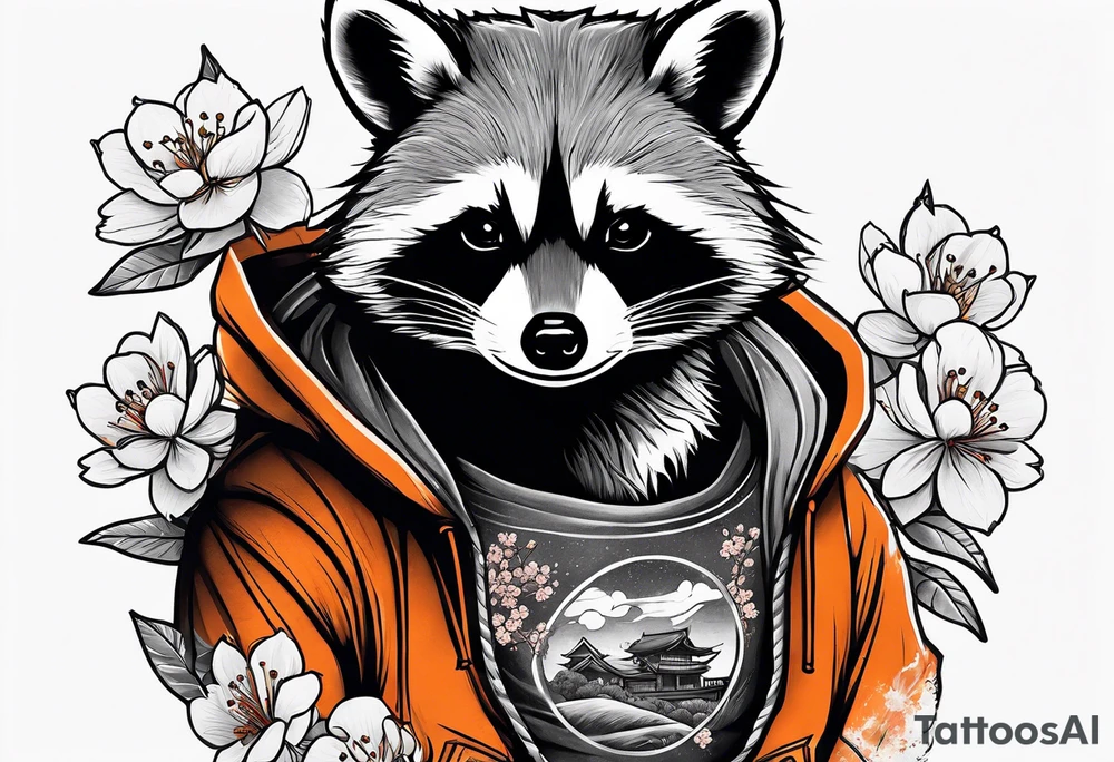 raccoon wearing a black and white Superman hoodie and orange Japanese cherry blossoms tattoo idea
