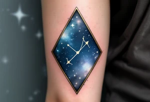 A Sagittarius constellation inside a geometric diamond frame with navy and silver nebula effects in the background. tattoo idea