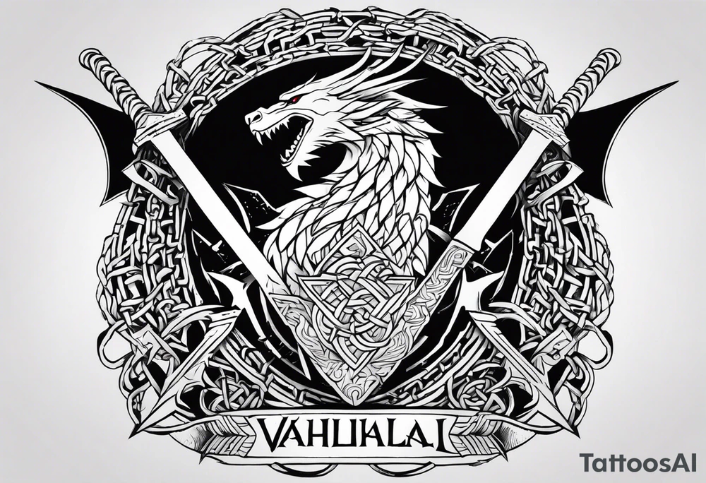 Valhalla sword shield dragon axe Valknut barbed wire chains tattoo idea Valhalla sword shield dragon axe Valknut barbed wire chains tattoo idea