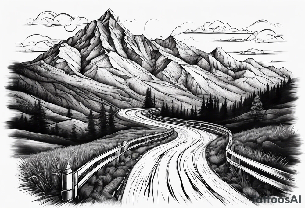 mountain road tattoo with road sign tattoo idea