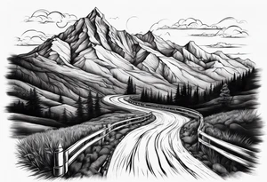 mountain road tattoo with road sign tattoo idea