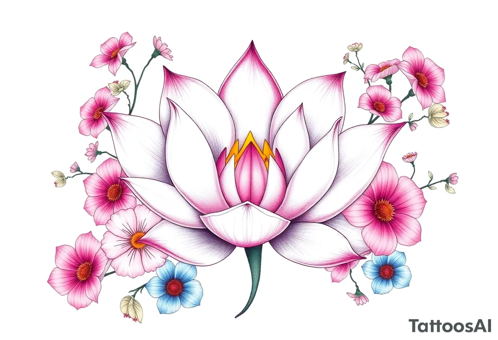 Lotus flower surrounded by forget me nots and peonies tattoo idea