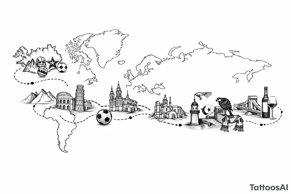 A football journey no crests
A fine-line world map or stylized route connecting Iceland ➔ Italy ➔ Spain ➔ Turkey ➔ Hungary ➔ France, with minimalist markers for each club.
Iceland x3 (sindri, ibv, stjarnan)
Italy x2 (Verona, Sassuolo)
Spain (Logrono)
Turkey x2 (Fenerbahce, Besiktas)
Hungary (Fradi)
France (Bordeaux) tattoo idea