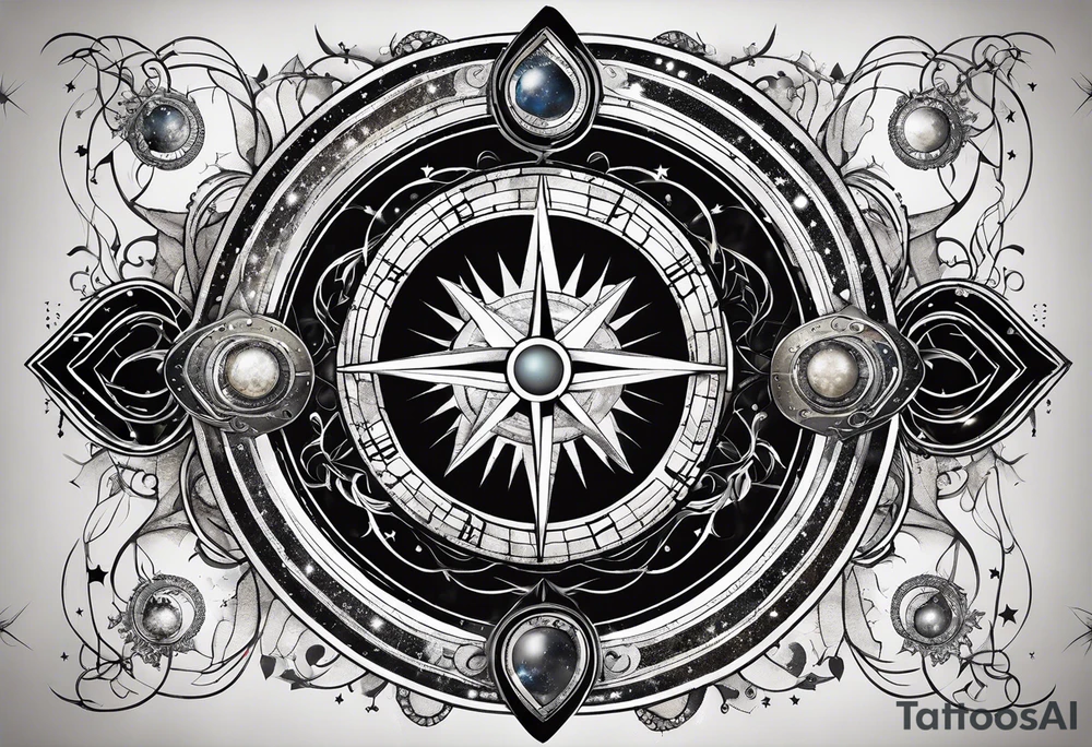Matter, energy, space and time with an old stone theta symbol with stars in the background and Scorpio constellation tattoo idea