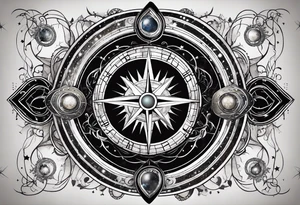 Matter, energy, space and time with an old stone theta symbol with stars in the background and Scorpio constellation tattoo idea