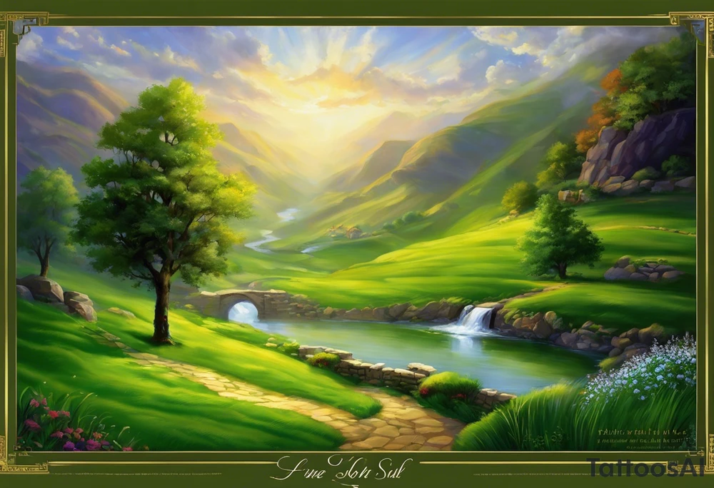 a scroll with the “ The Lord is my shepherd; I shall not want.

2 He maketh me to lie down in green pastures: he leadeth me beside the still waters.

3 He restoreth my soul: he leadeth me in the paths of righteousness for his name's sake.

4 Yea, though I walk through the valley of the shadow of death, I will fear no evil: for thou art with me; thy rod and thy staff they comfort me.

5 Thou preparest a table before me in the presence of mine enemies: thou anointest my head with oil; my cup runneth over.

6 Surely goodness and mercy shall follow me all the days of my life: and I will dwell in the house of the Lord for ever.” inside and a halo on tip tattoo idea