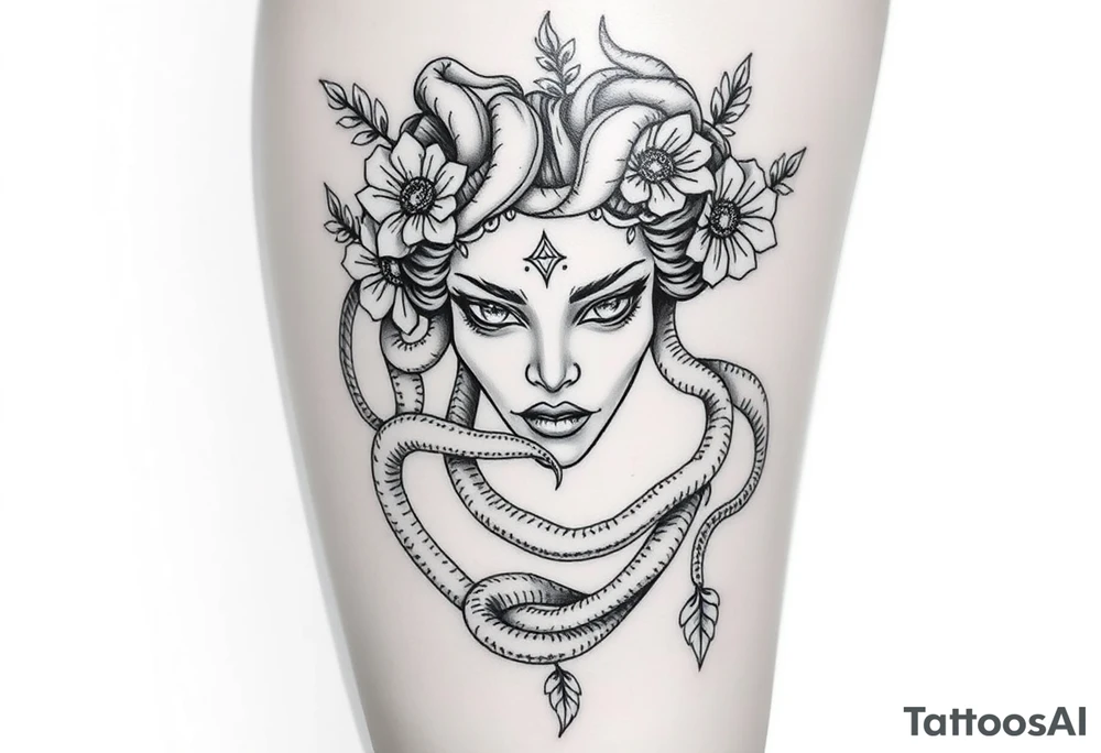 Big headed Medusa flowers snakes tattoo idea