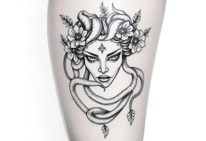 Big headed Medusa flowers snakes tattoo idea