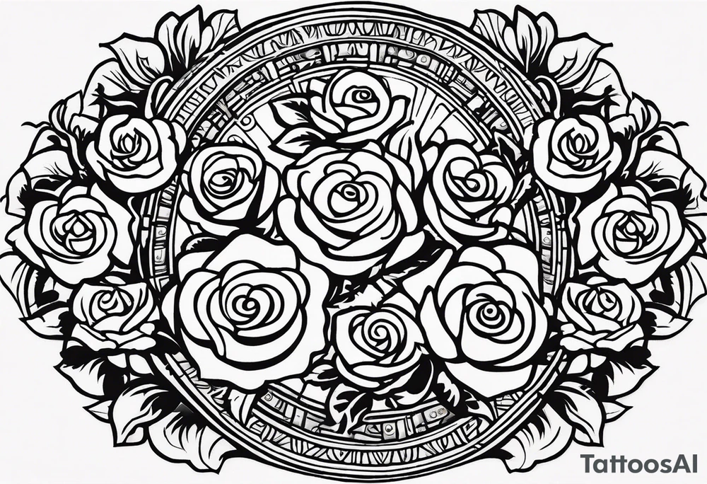 Design a masculine tattoo depicting three delicate rose buds being embraced and protected by 
Aztec weapons. The weapons should include elements such as the macuahuitl (Aztec sword-club), obsidian blades, and Mayan calander, arranged in a way that forms a protective circle or embrace around the roses. Carve the entire image as if it were a stone sculpture by an ancient Aztec artist, with the texture resembling intricately detailed stone carvings. The roses should be slightly softer but still stylized in stone, giving the entire tattoo a powerful, yet artistic and ancient feel. Use bold, sharp lines to capture the essence of Aztec craftsmanship tattoo idea