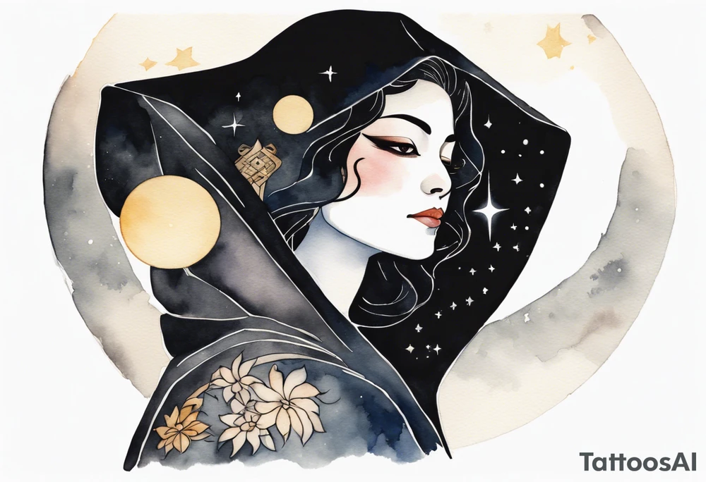 a watercolor of a beautiful 45-year-old Persian woman wearing black and cloak with the night sky in the background tattoo idea
