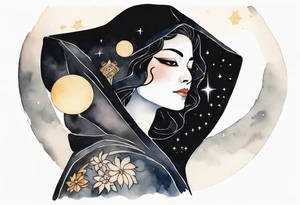 a watercolor of a beautiful 45-year-old Persian woman wearing black and cloak with the night sky in the background tattoo idea