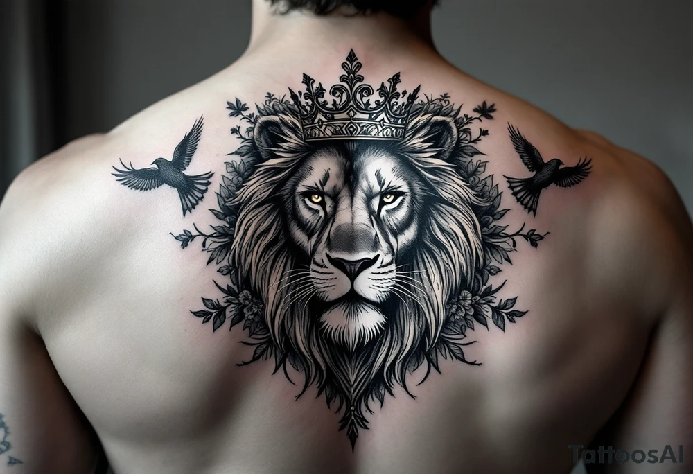 powerful majestic lion with a crown, surrounded by floral ornaments and birds tattoo idea