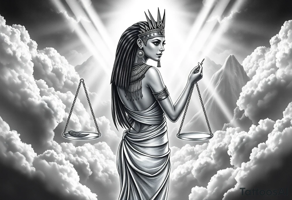 beautiful Egyptian goddess stands with her back slightly turned, accentuating her figure. Wearing a silk gown. She wears an elaborate ostrich feather headdress and ornate, intricate ancient Egyptian jewelry draped across her body. Her expression is mysterious and confident. In one hand, she holds the Scales of Justice: one side holds a radiant, glowing heart; the other, Ma’at’s feather. The scales themselves shimmer with an otherworldly light.
The background is a surreal, heavenly landscape filled with luminous clouds and beams of divine light piercing through, creating dramatic contrasts of deep shadows and highlights. The entire scene is bathed in an ethereal, mystical glow, with a dreamlike, almost supernatural atmosphere. tattoo idea