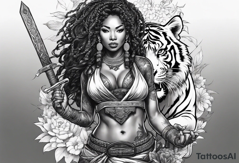 Jamaican goddess with sword in hand and tiger Japanese traditional style tattoo idea