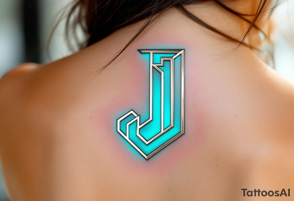 Sharp geometric "J" in metallic silver with sleek, modern lines and cyan shadows. tattoo idea