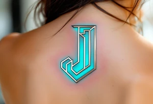 Sharp geometric "J" in metallic silver with sleek, modern lines and cyan shadows. tattoo idea
