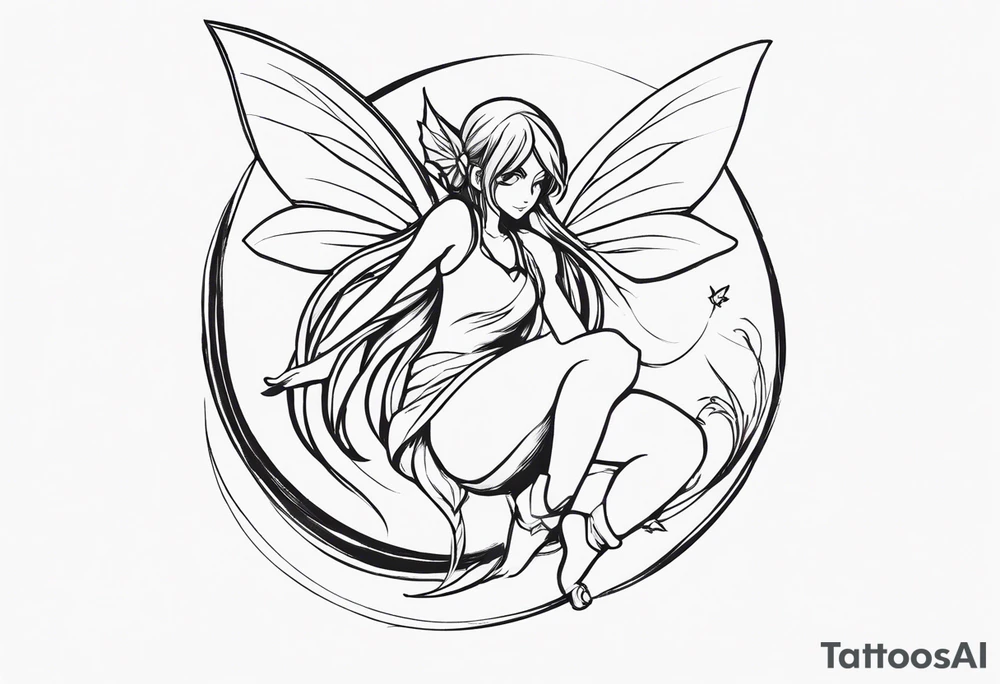 No color sketch of a fairy with a tail inspired by the guild symbol in the anime show called Fairy Tail in a fetal position leaning in and forward while crawled in hugging herself with hands a bit forward and her body is an angle while floating in the air tattoo idea