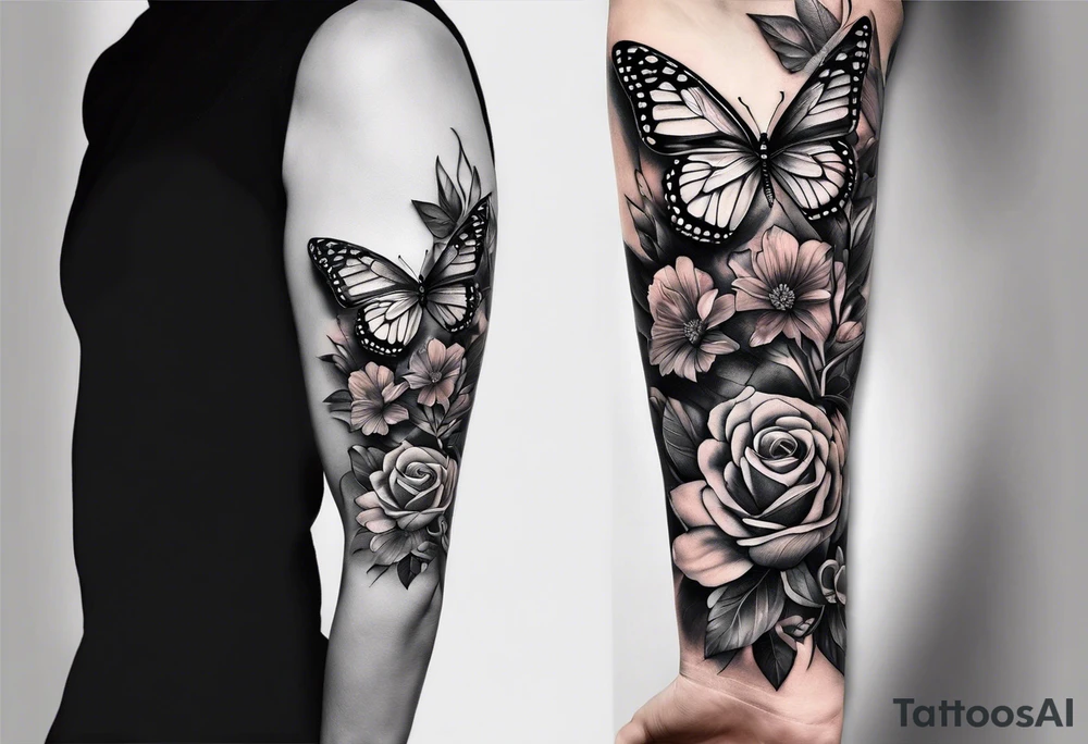 Half face with flowers and butterfly tattoo idea
