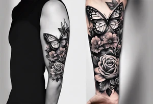 Half face with flowers and butterfly tattoo idea