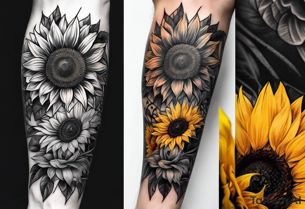 Sleeve with Roman numeral and sunflowers tattoo idea