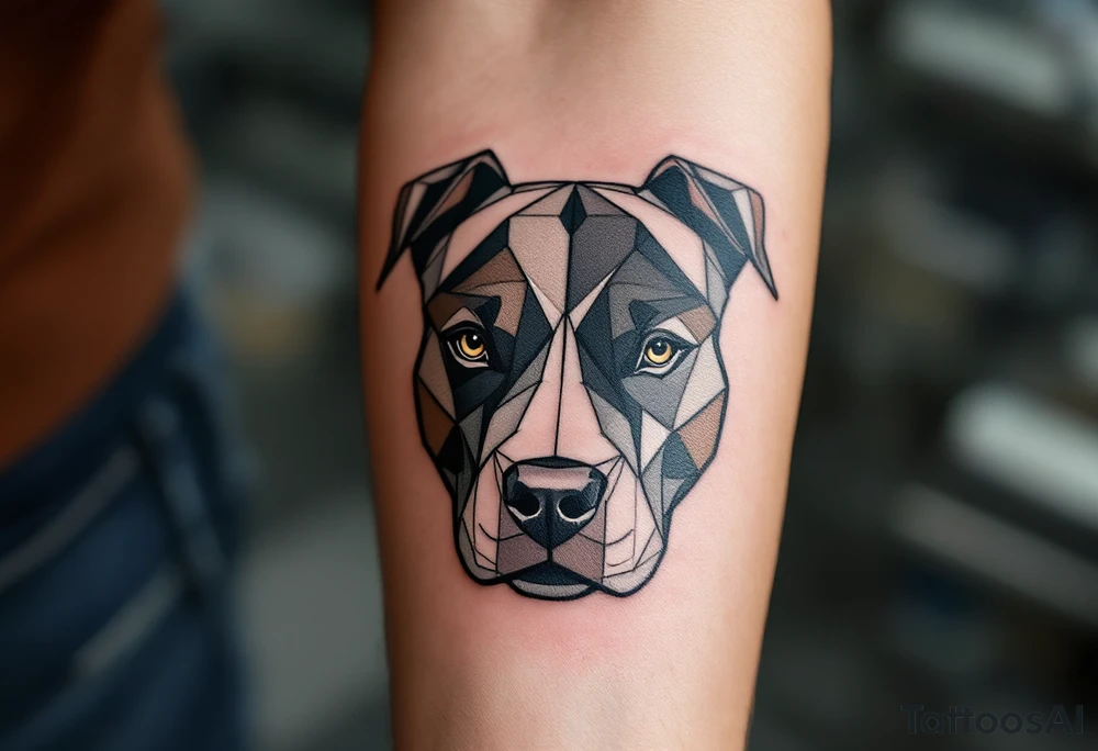 Geometric pitbull head design, sharp black lines, divided into sections with shades of gray, deep brown, and white. tattoo idea