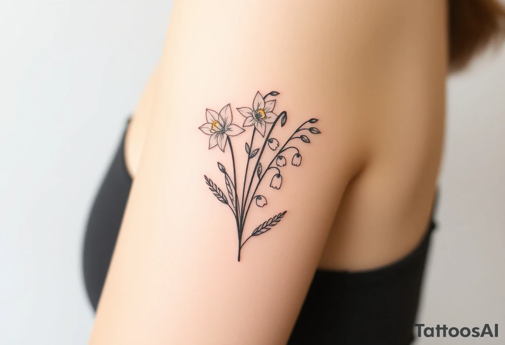 Feminine daffodils, Lily of the valley and larkspur bouquet tattoo idea