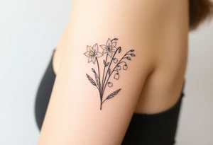 Feminine daffodils, Lily of the valley and larkspur bouquet tattoo idea