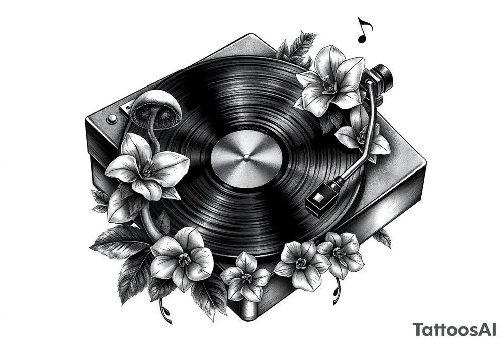 vinyl record player with mushrooms, orchids, and music notes around it tattoo idea