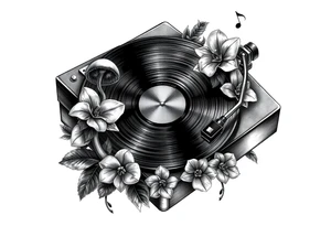 vinyl record player with mushrooms, orchids, and music notes around it tattoo idea