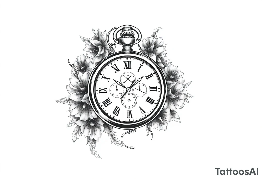 Pocket watch , surrounded by floral ornaments and birds, name spaces tattoo idea