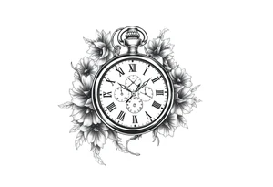 Pocket watch , surrounded by floral ornaments and birds, name spaces tattoo idea