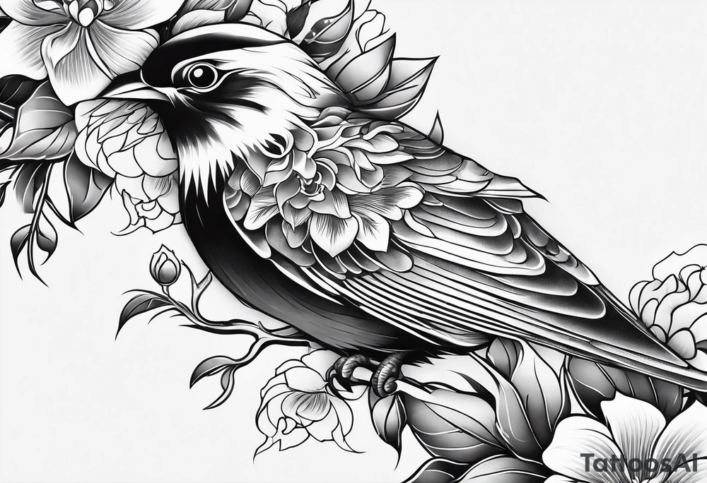 Japanese traditional style
leg sleeve with a bird and flowers tattoo idea