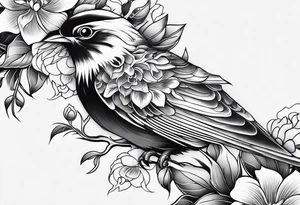 Japanese traditional style
leg sleeve with a bird and flowers tattoo idea