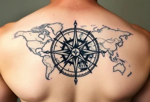 antique compass rose overlaid on weathered world map with sailing ships tattoo idea