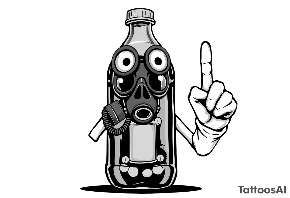 A caricature 2 liter bottle with bulging cartoon eyes and a gas mask on where it’s mouth and nose are supposed to be. Inside the bottle is a lithium battery,and pseudoephedrine tablets, along with a liquid. It has cartoon stick arms with big white gloves one had is holding up his middle finger. It should be dark and grimy looking as if a person had been up for some days and the middle finger on the right hand should be up tattoo idea