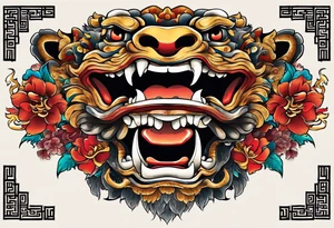 Double pectoral chest piece, of traditional full body Okinawa shisa. On one side is the male mouth open, and the other side, female, mouth closed. tattoo idea