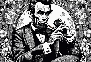 Abraham Lincoln smoking a cigar  in a flowered suit jacket holding a 90s boombox on his shoulder jamming out tattoo idea