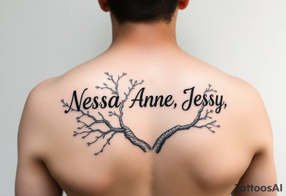 the name Nessa, Anne, Jessy
 on a live tree tattoo idea
