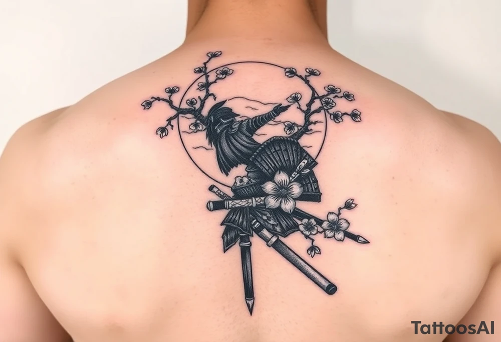 noble samurai warrior silhouette at sunset with cherry blossoms tattoo idea