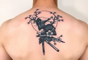 noble samurai warrior silhouette at sunset with cherry blossoms tattoo idea