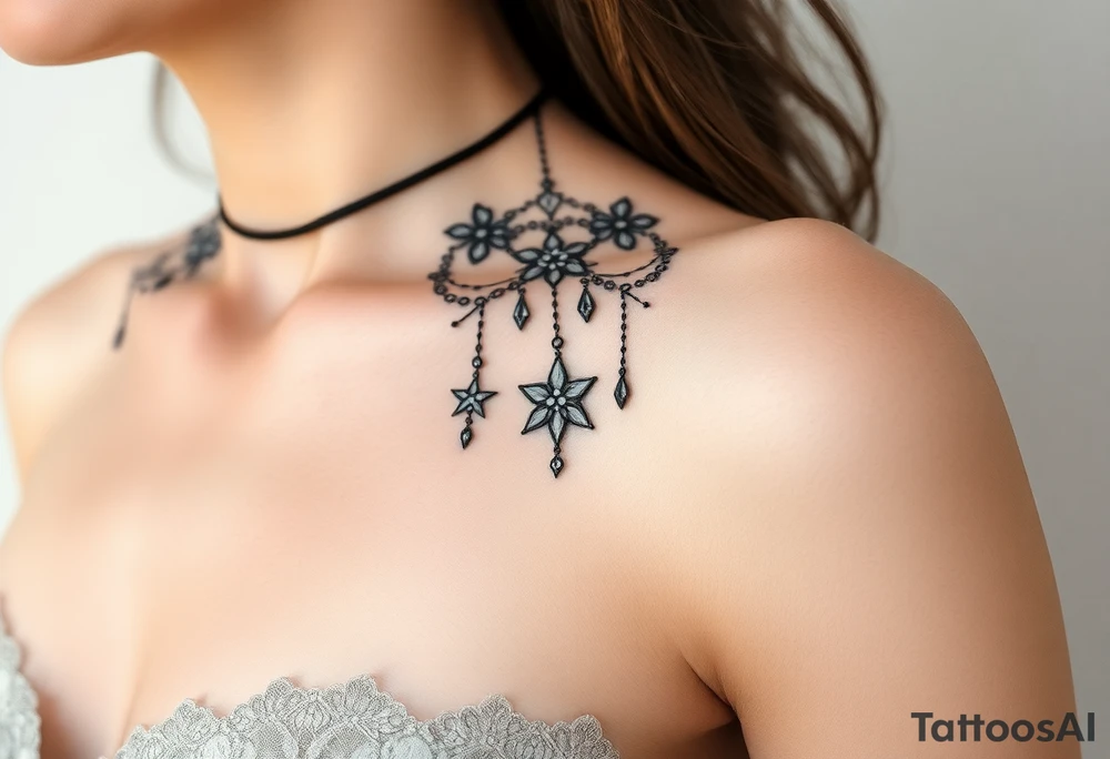 Vintage floral lace and delicate jewelry inspired with draping chains and 5 pointed crystal star charms. tattoo idea