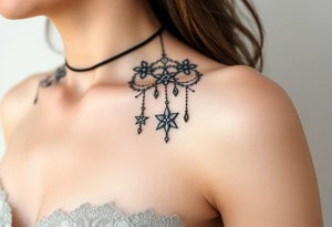 Vintage floral lace and delicate jewelry inspired with draping chains and 5 pointed crystal star charms. tattoo idea