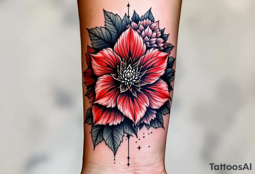 red  and black rhododendron trippy with mandala behind tattoo idea
