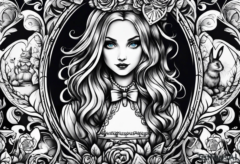 full arm sleeve very dark Alice in wonderland tattoo idea